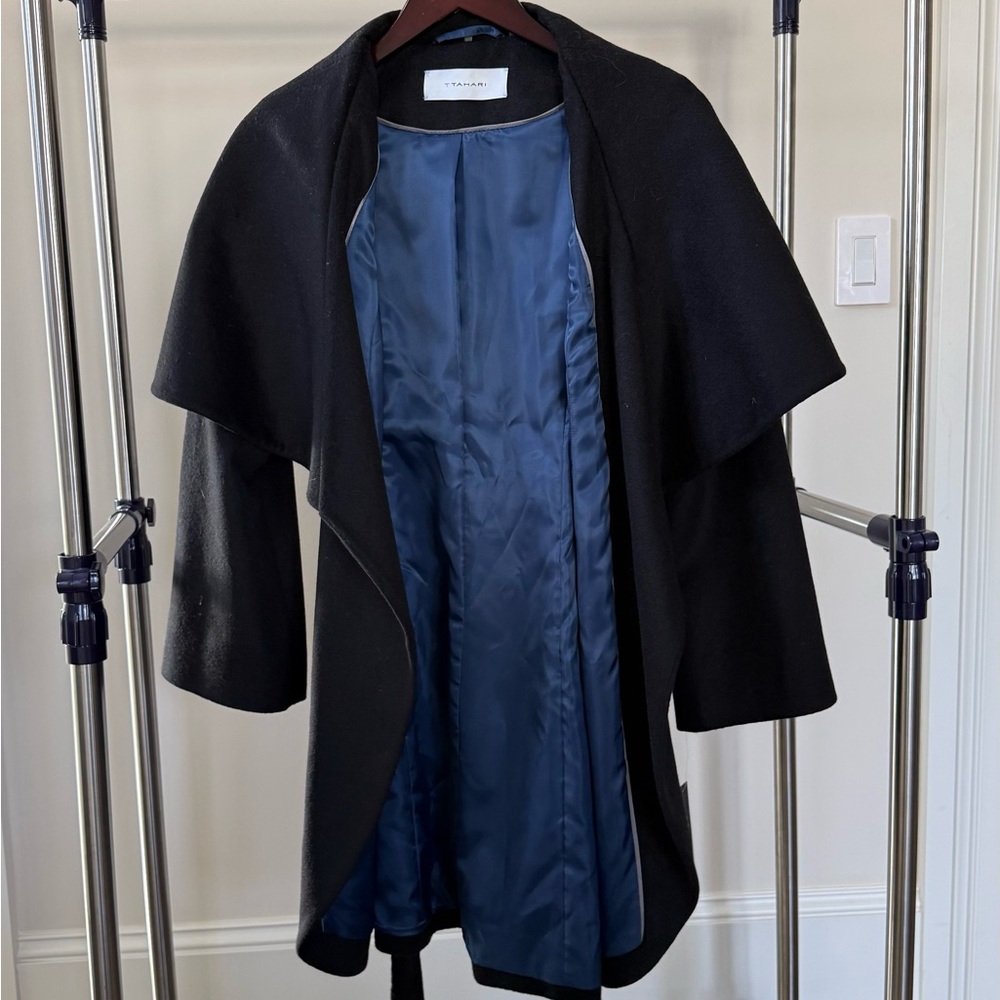 T Tahari Black Coat with Blue Satin Lining